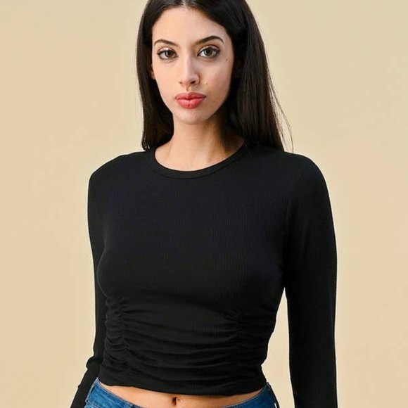 Heart & Hips Tops - Hearts & Hips Ruched Ribbed Crop Top--Black